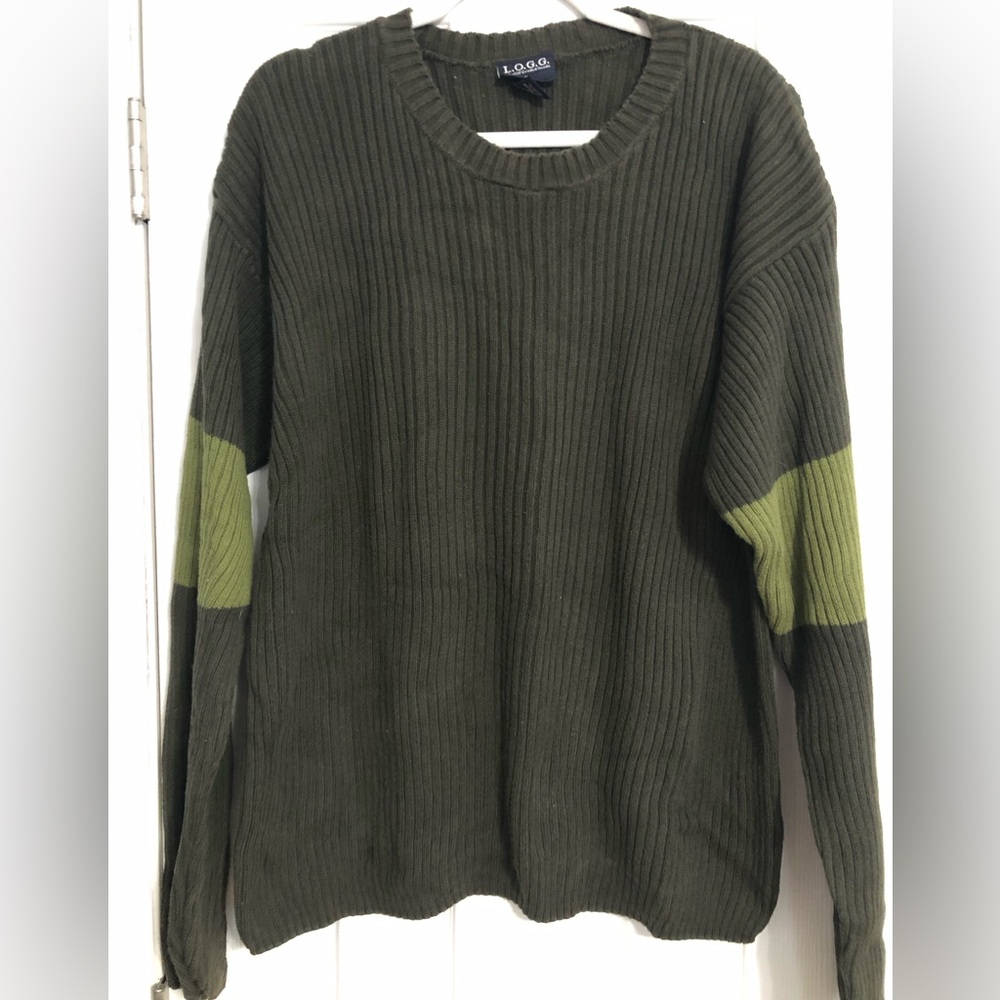 H&M Dark Green Ribbed Sweater with Light Green Accents LOGG men’s XL Y2K classic